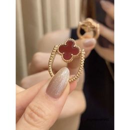 Vintage Band Rings Copper Dual Side Gold Red Four Leaf Clover Flower Charm Ring For Women Jewelry With Box Party Gift PSLU