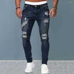 Men's Jeans Men Straight Fit Ripped Holes Slim Soft Breathable Streetwear With Color Matching Mid Waist Button For Hip