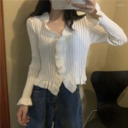 Women's Knits Cardigan Women Crop Top Solid Streetwear Ruffles V-Neck Navel Sweater Knitted Sexy Wild Cardigans