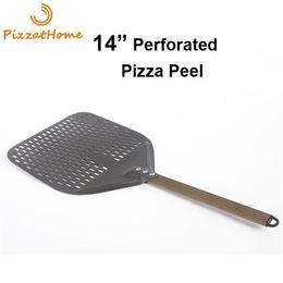 PizzAtHome 14 12 Inch Perforated Pizza Peel Rectangular Pizza Shovel Hard Coating Paddle Short Pizza Tool259I