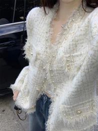 Women's Knits WDMSNA French Sweater Coat Autumn Beaded Tassel V-Neck Thick Cardigan Women Flower Long Sleeve Top Fashion