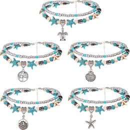 Layered Beach Anklets for Women Girls Adjustable Sea Turtle Anklets Bracelets Boho Turquoise Summer Ankle Foot Jewelry227B