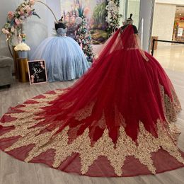 Sparkly Red Quinceanera Dresses Halter Beads Gold Appliques Lace With Cape Princess Sweet 16 Party Gown vestidos para xv anos 15