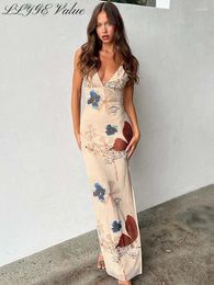 Casual Dresses Sexy Print Backless Strap Dress Women Summer Deep V Neck Hip Package Sleeveless Long Club Slim Side Split Party Robe
