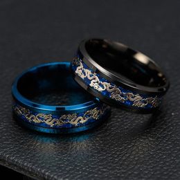 whole Black Blue Ring Men Chinese Traditional Gold Dragon Inlay With Blue Stainless Steel Rings Fashion Jewelry258p