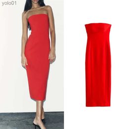 Urban Sexy Dresses Winter women's fashionable slim chic off-shoulder design dress long skirt slit tight tube top midi dress 9172777 231215