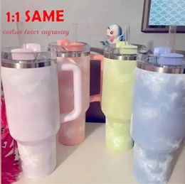 Ship from USA With Logo DHL Quencher 40oz Tumbler Tie Dye Light Blue Pink Leopard Handle Lid Straw Beer Mug Water Bottle Powder Coating Outdoor Camping Cup b1211