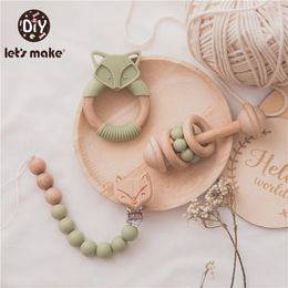 Pacifier Holders Clips Let's Make Wooden Teether Bells Rattles Ring Beech Toys Silicone Nipple Holder For Kids Gift 231215