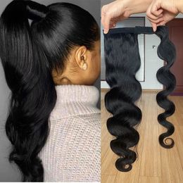 Synthetic Wigs Human hair wrapped in ponytails Brazilian body wavy Remi clipped onto female 120g 231215