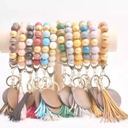 Bracelet keychain wood beaded tassels keychain party favor personalized disc oranament souvenir wristlet key ring women wrist CPA4705 1215