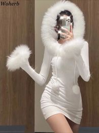 Urban Sexy Dresses White Bodycon Woman Dress Tunic Fashion Autumn Robe Femme Y2k Clothing 2023 Vestidos De Mujer Hooded Long Sleeve Mini 231214