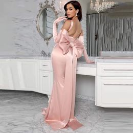 Elegant Pink Square Neck Evening Dress 2024 Sexy Mermaid Sleeveless Floor Length Prom Birthday Party Gown Pink Sweep Train Big Bow Vestidos De Longo