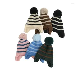 Berets Winter Warm Baby Hat Earflaps Beanie For Girl Boy Stripe Knitted Bonnet Infant Outdoor Pompom Cap Children Skullies 1-5 Year Old