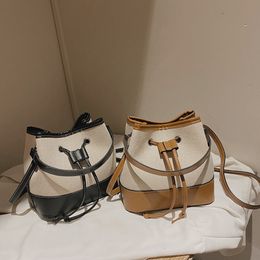 Drawstring Crossbody Purses Fashion PU Leather Canvas Splicing Bucket Bags Women Handbags 2023 FMT-4064