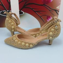 Dress Shoes Champagne Pearl Bridal Wedding Female Party Evening High Pumps Thin Heel Pointed Toe Ankle Strap For Woman