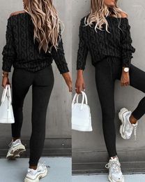 Women's Two Piece Pants Braid Textured Fluffy Long Sleeve Top & Set Women 2pcs Clothes Suit Black Sweater Pullover High Waist Pencil