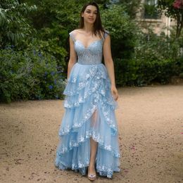 Blue Ruffles Tiere Prom Dresses Spaghetti Strap Lace Appliques Side Split Evening Party Gown Layered Tulle Long Vestidos De Novia 326 326