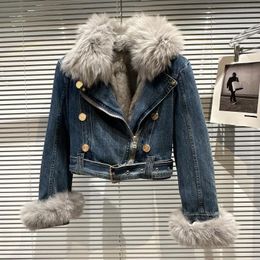 Girls' New Winter Washed Denim with A Fleece Collar Detachable Zipper Biker Cropped Denim Jacket