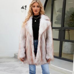 Women's Fur 2023 High Street Fashion Slim Faux Medium Long Turn-down Collar Coat Jacket Winter Office Lady Women