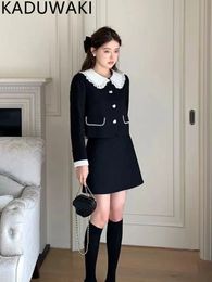 Two Piece Dress Fall Winter Sweet Elegant Jackets Women French Chic Small Fragrance Coat Women Simple Black Skirts Women Two-piece Set 231215