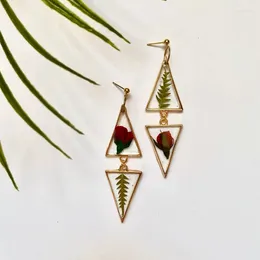 Dangle Earrings Preserved Rose Bud And Fern Boho Pressed Flower Jewellery Triangle Earings For Women Y2k
