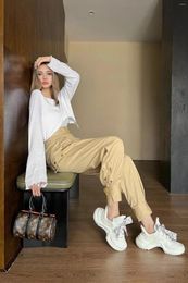 Women's Pants Loose Large Pockets High Waist Slim Appearance Leather Brand Drop Out Casual And Close Leg Workwear