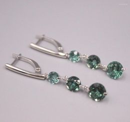 Dangle Earrings Real Solid 925 Sterling Silver Stud Women Green Crystal Three Round Beads