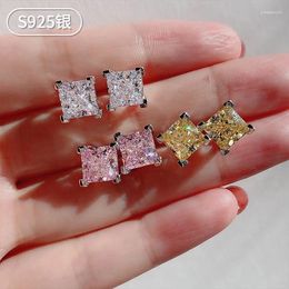 Stud Earrings Brilliant Yellow Pink White Square High Carbon Diamond For Women 925 Sterling Silver Piercing Engagement Wedding