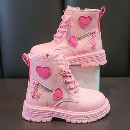 Boots British PU Cool Girls Autumn and Winter Casual Cotton Boots Soft Pink with Love Side Zip Princess Kids Fashion Girls Ankle Boots 231214