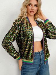 Women s Down Parkas Mardi Gras Sequined Luxury Zip Up Contrast Sequin Shiny Drop Shoulder Bomber Club Jacket 231215