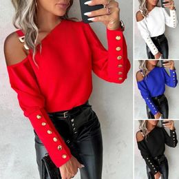 Women's Blouses Fall Spring Women Shirt One Shoulder Chain Decor Long Sleeve Solid Colour Button Slant Neck Pullover Soft OL Commute Style