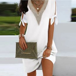 Urban Sexy Dresses Elegant Dresses For Women V Neck Off Shoulder Patchwork Design Casual Mini Dress White Loose Beach Holiday Dress 231215