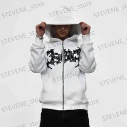 Men's Hoodies Sweatshirts Y2K American Dark Style Niche Design White Loose Zipper Hoodie High Street Print Vibe Couple Jacket Clothing Wholesale/Retail T231215