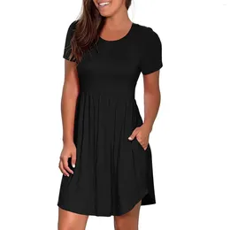 Casual Dresses Short Sleeve Black T Shirt Loose Summer Plain Simple Dress Pleated Swing Cover Up With Pockets Vestidos