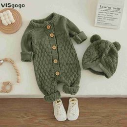 Rompers VISgogo Baby 2PCS Winter Jumpsuit Outfits Infant Boys Girls Clothes Long Sleeve Solid Colour Knitted Romper + Bear Hat SetL231114