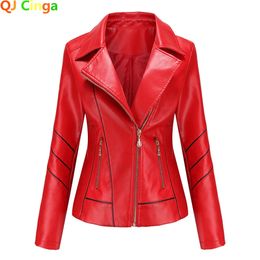 Women's Leather Faux Red PU Jacket Women fashion Casual Biker Jackets Outwear Female Tops spring and autumn Black Coat 231214