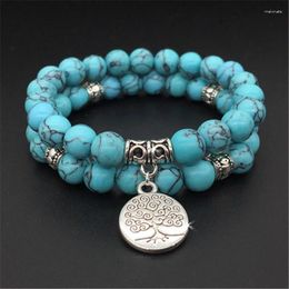 Strand Drop Natural Stone Beads Tree Of Life Bracelets Lucky Charm 8 Mm Blue Turquoises Couple For Women Yoga Jewellery