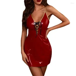 Casual Dresses Womens Hollow Out Short Sleeve Deep V Lace Up Dress Wetlook Patent Leather Mini For Nightclub Stage Show