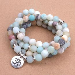 Beaded Strands Fashion Women's Bracelet Matte Frosted Amazonite Beads With Lotus OM Buddha Charm Yoga 108 Mala Necklace Drop1281s