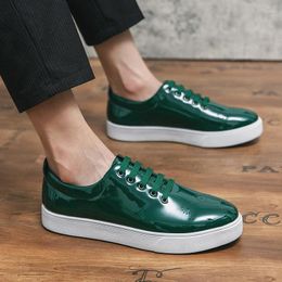 Dress Shoes Green Flat Patent Leather Fashion Board Men Casual Lace-up Black Male Canvas Autumn Spring Walking