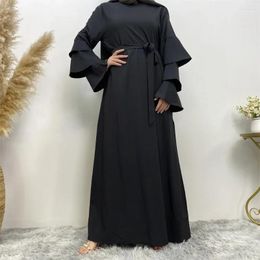 Ethnic Clothing Solid Women Dress O-neck Elegantes Party Evening Multilayer Long Sleeve Abayas For Lace-up Dubai Abaya Vestidos