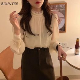 Women's Blouses Chiffon Pleated Shirts Women Chic Stand Collar Pearls Korean Solid Colour Patchwork Long Puff Sleeve Loose Elegant Tops