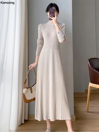 Urban Sexy Dresses Women Elegant Winter Knitting Midi Dresses Long Sleeve Slim A-line Ribbed Jumper Autumn Casual Party Clothes 231215