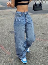 Women s Jeans Blue Ripped Holes Straight Loose Fit Slant Pockets Casual Wide Legs Denim Clothing 231215