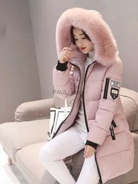 Women's Down Parkas Women Winter Fur Collar Hooded Parka Fashion Letter Patch Zipper Pockets Design Long Jacket Elegant Slim Warm Thick Female CoatsL231215