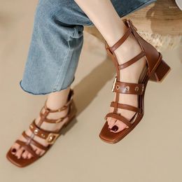 Sandals GLADIATOR Women Genuine Cow Leather Wraparound Ankle Strap Metal Buckle Female Outdoor Summer Flat Shoes Handmade