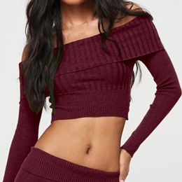 Women's Sweaters Women Basic Fitted Long Sleeve Off Shoulder Crop Tee Top With Thumb Hole Rib Knit Sweater Clothes Brand Shirt