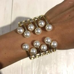 Bangle Open Cuff Bracelets For Women Stainless Steel Imitation Pearl Alloy Charm Accessories Geometric Hollow Bracelet