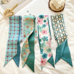 Scarves Bule Floret Printed Hairband Silk Satin Bag Scarf For Women Skinny Headbands Long Wrist Ribbon Hair Scarfs