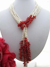 Chains Hand Knotted Natural 3strands 5-7mm White Freshwater Pearl Red Coral Necklace Long 127 Cm